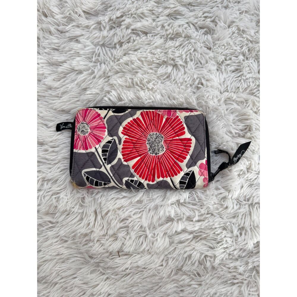 AS-IS Vera Bradley Cherry Blossoms Zip Around Accordion Wallet Gray Red Pink TLC